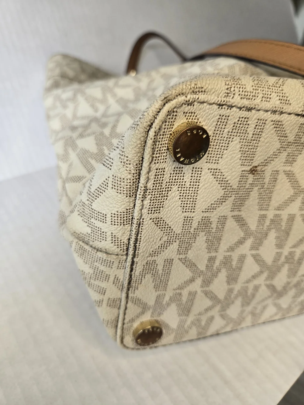 Michael Kors Cream Signature MK Tote with Tan Leather Straps